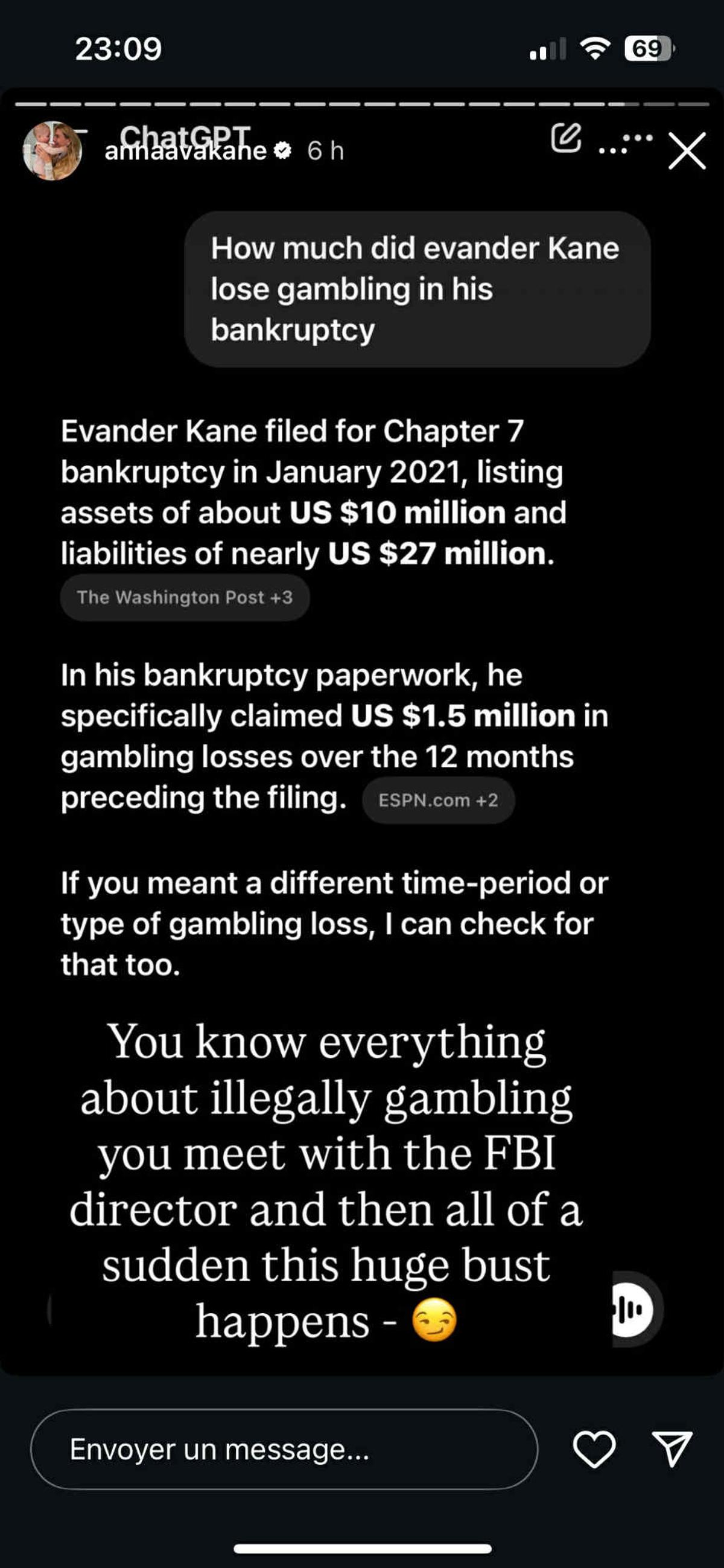 Anne Kane's story on Instagram 