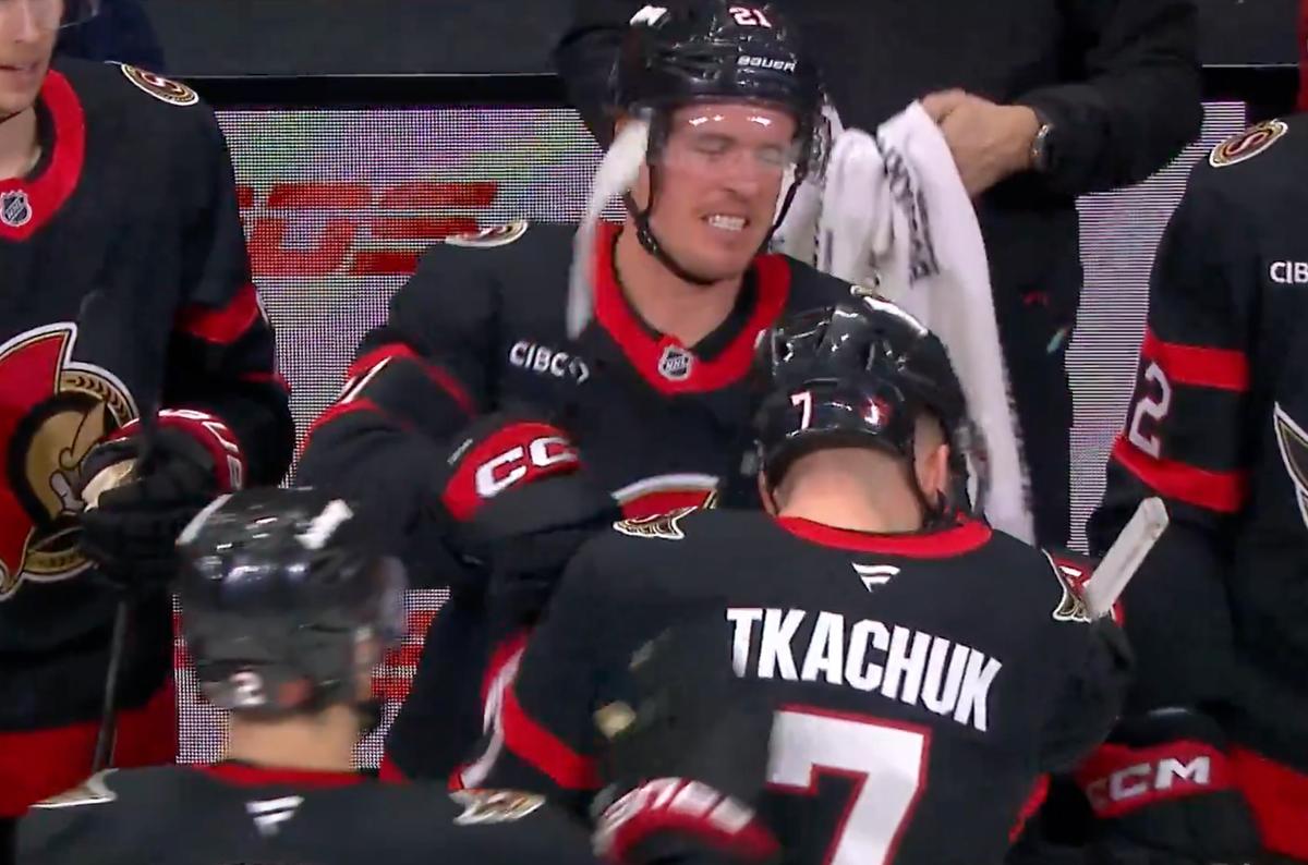 Brady Tkachuk and Nick Cousins at the Senators' bench. 