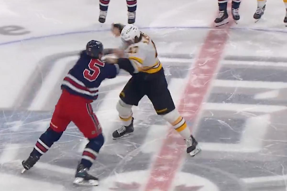 Luke Schenn and Mark Kastelic fighting.