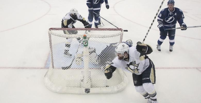 Kessel redirects puck mid air for spectacular opening goal.