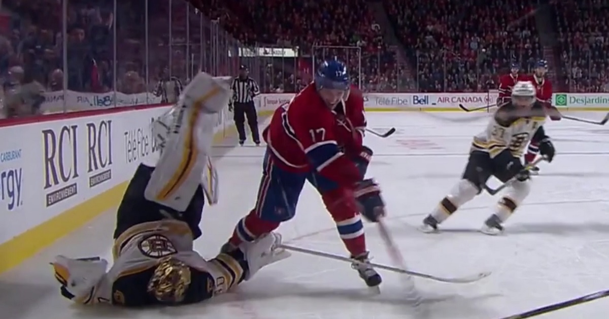 Tuukka Rask takes out an official in overtime before getting run over himself.