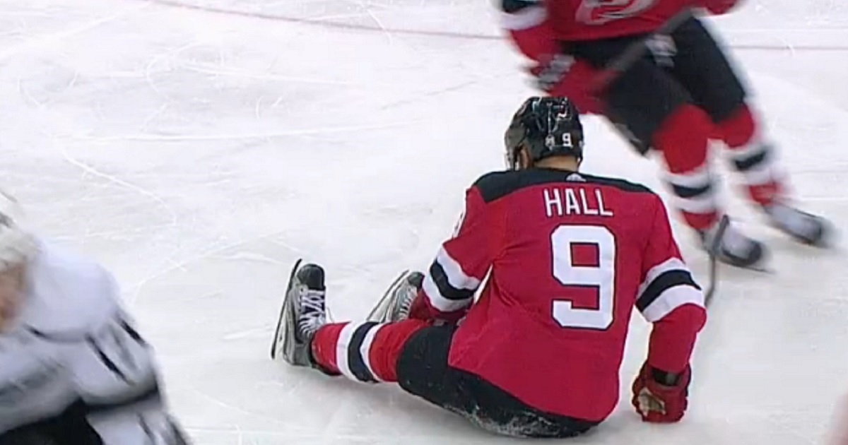 Two goal night for Taylor Hall ends with hard knee-on-knee hit. 