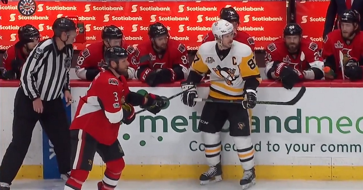 Sidney Crosby gets bullied by the Senators bench in hilarious fashion.