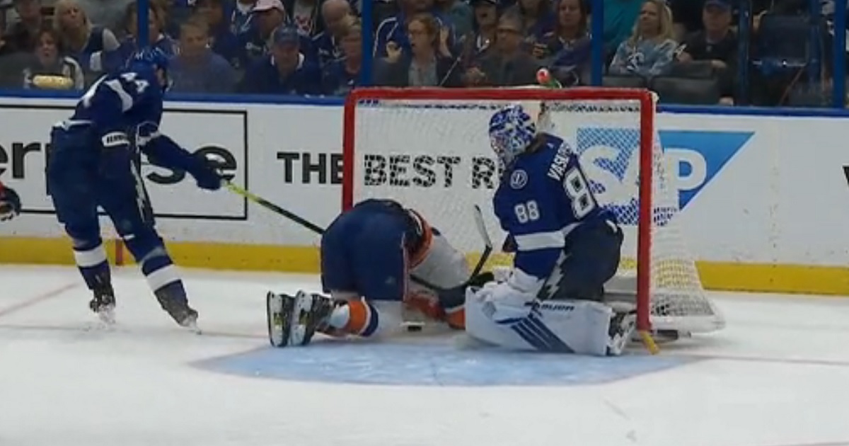 Mathew Barzal goes head first into the net to score the first goal of the third round.