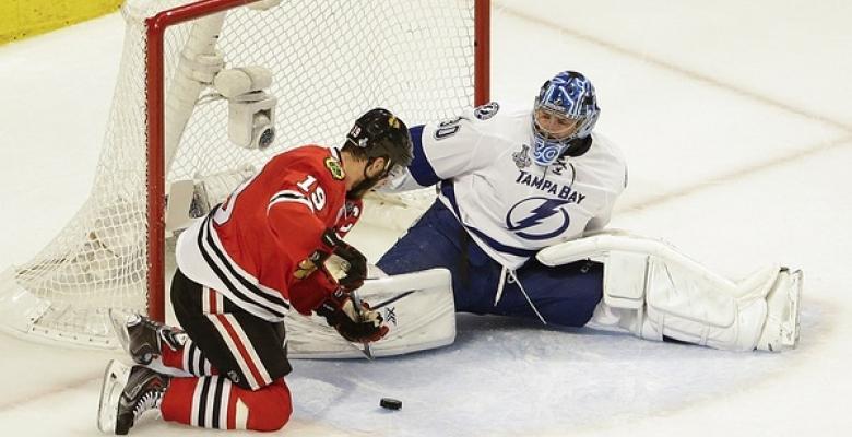 Despite injury Bishop makes unbelievable save on Toews.