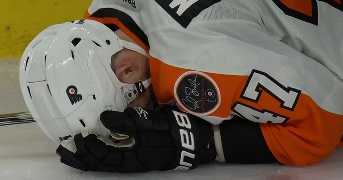 Defenseman sent to the quiet room after taking a nasty shot to the head.