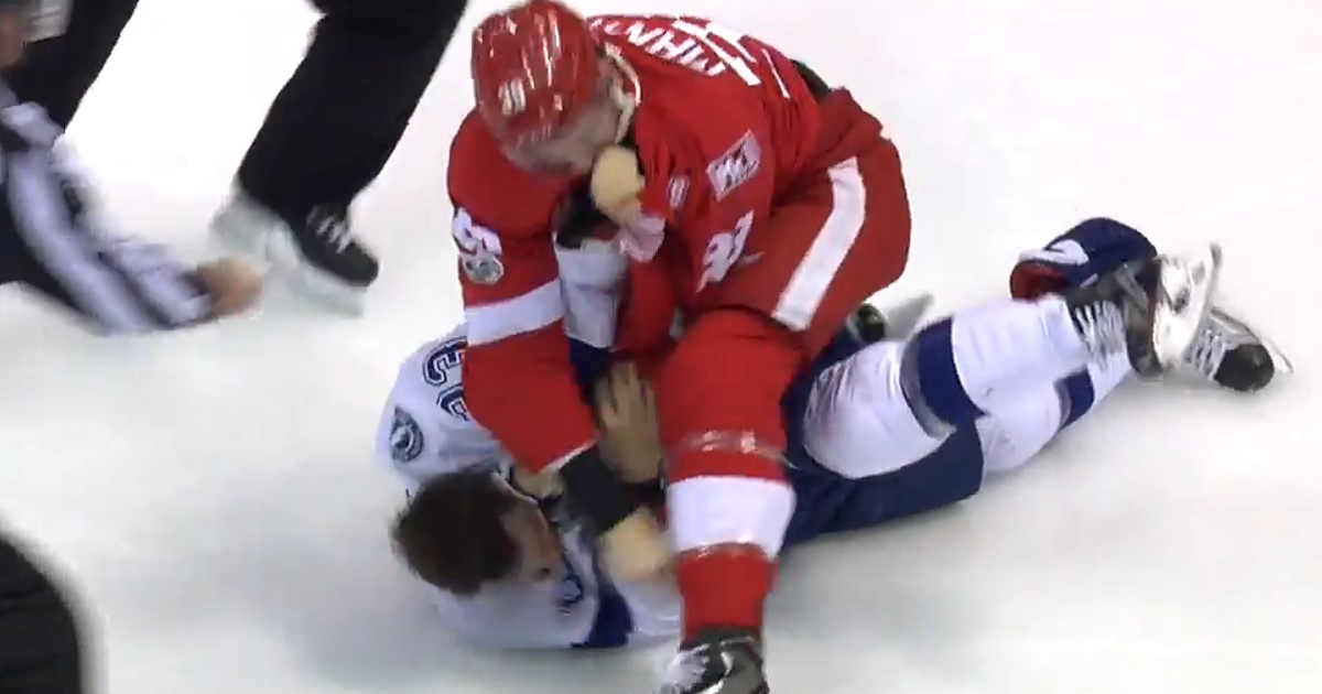 Anthony Mantha lands a huge punch with McKegg already down on the ice.