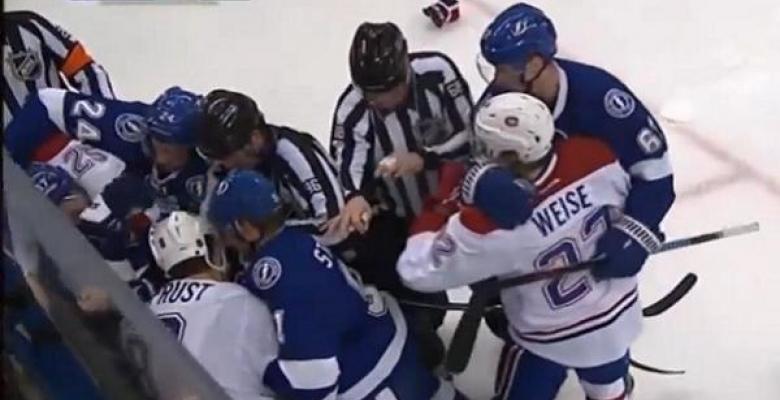 Scrum ensues after Prust hits Lightning goalie Ben Bishop!