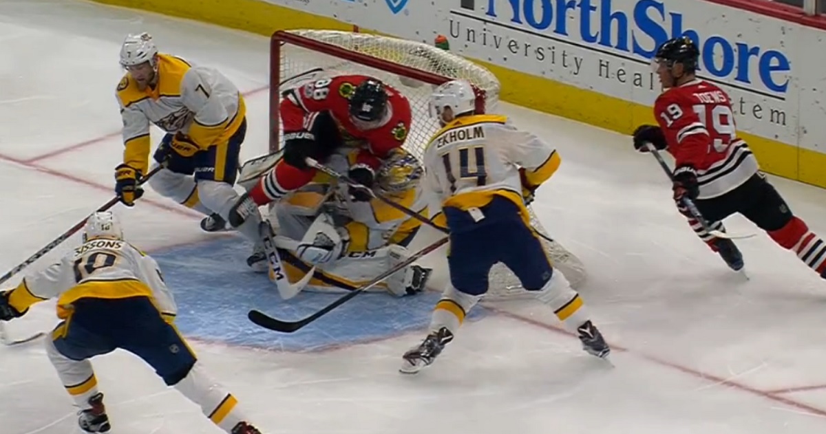 Patrick Kane drills Pekka Rinne on Friday night. 