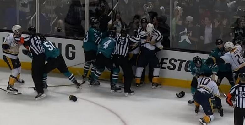 Sharks and Predators end Game 1 with a brawl.