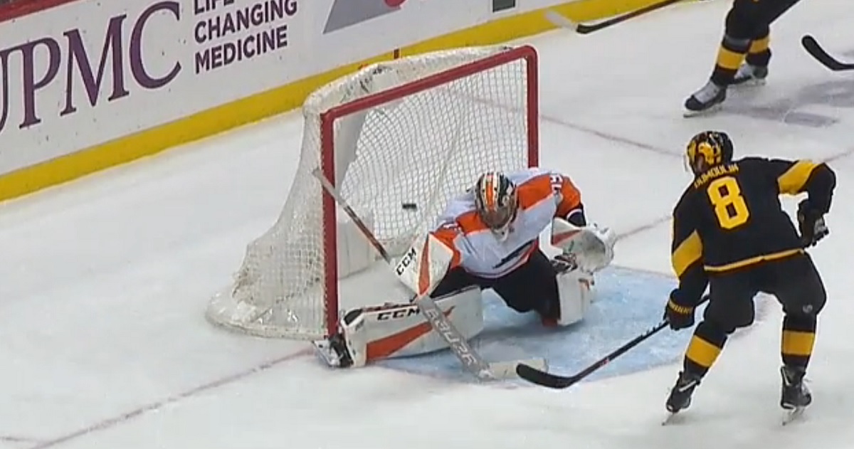 Huge save from Carter Hart in OT helps the Flyers triumph over Penguins.