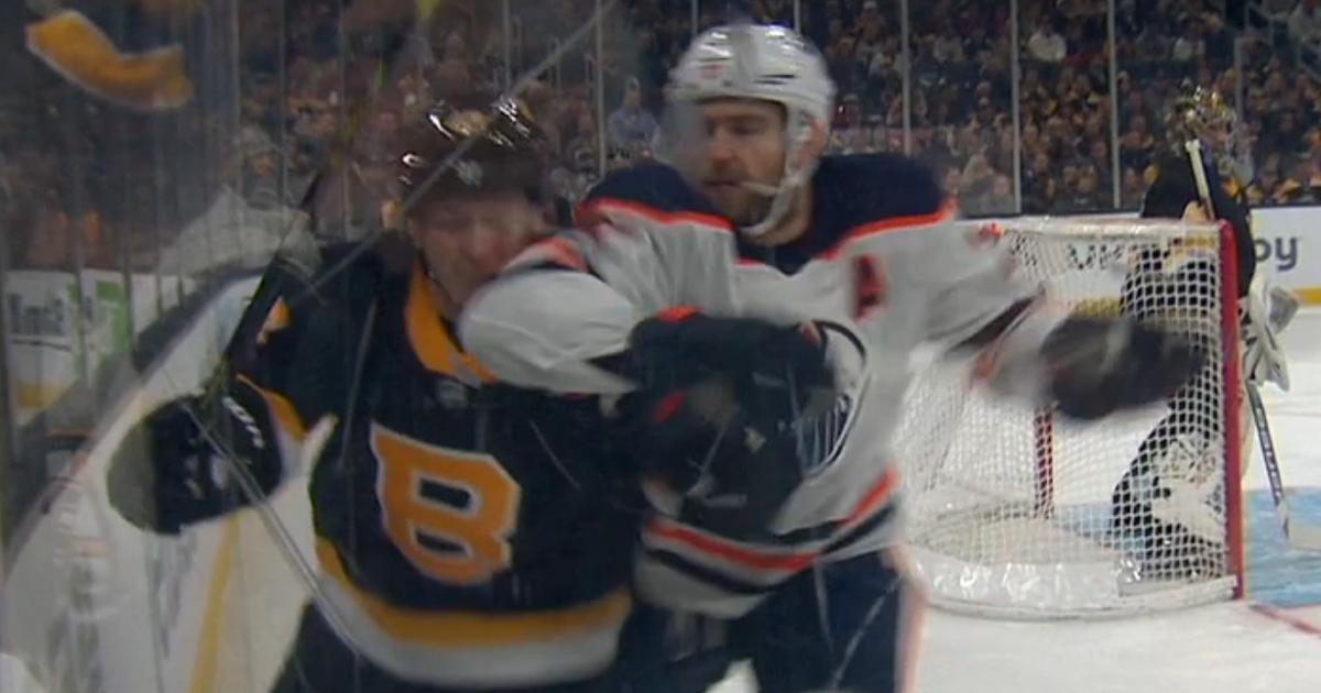 Leon Draisaitl delivers a blatant elbow to the head of Torey Krug.