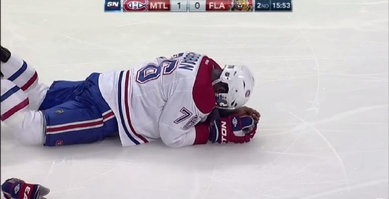 VIDEO: Subban goes down after eating a puck to the face.