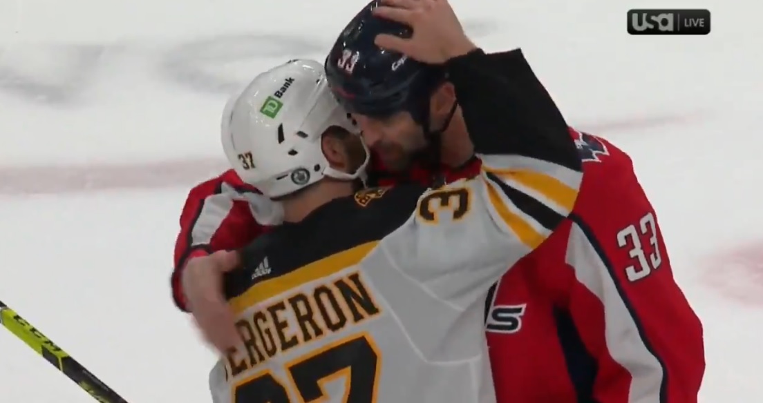 Emotional handshake line between Zdeno Chara and the Bruins.