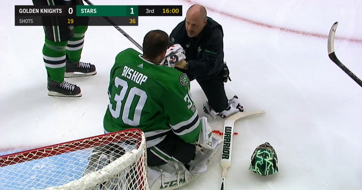 Hard shot  hits Ben Bishop in the head, leaves him a bloody mess.