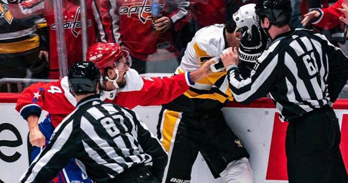 Malkin and Dillon trade blows after time expires in the 1st period.