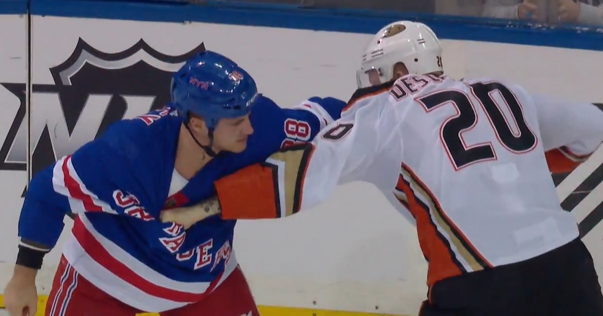 Veteran enforcers Nicolas Deslauriers and Micheal Haley try to take each others heads off.