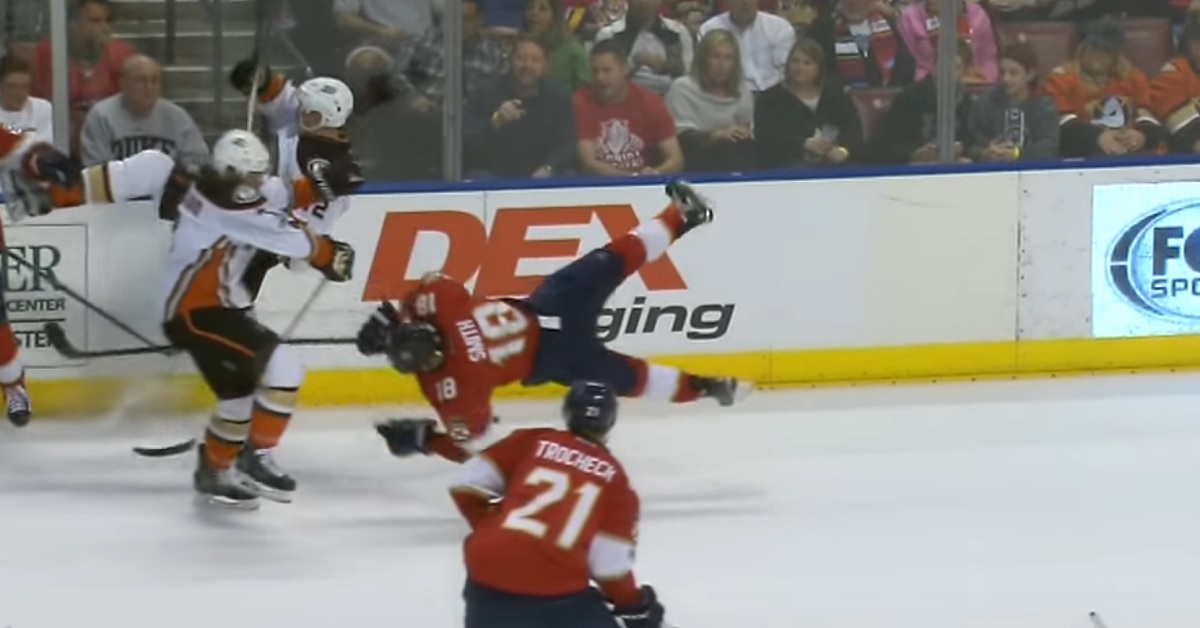 Reilly Smith bounces right back up after taking a monster hit to the head.
