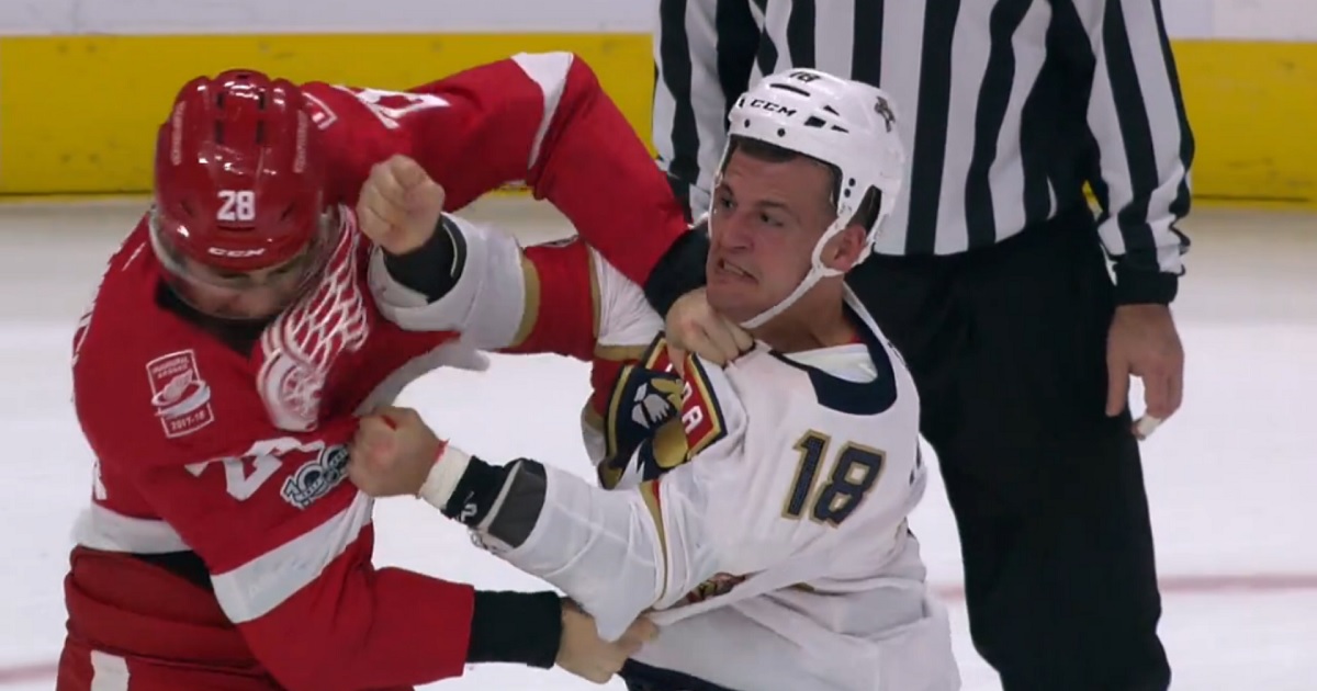 Witkowski returns from 10 game suspension, immediately drops the gloves. 