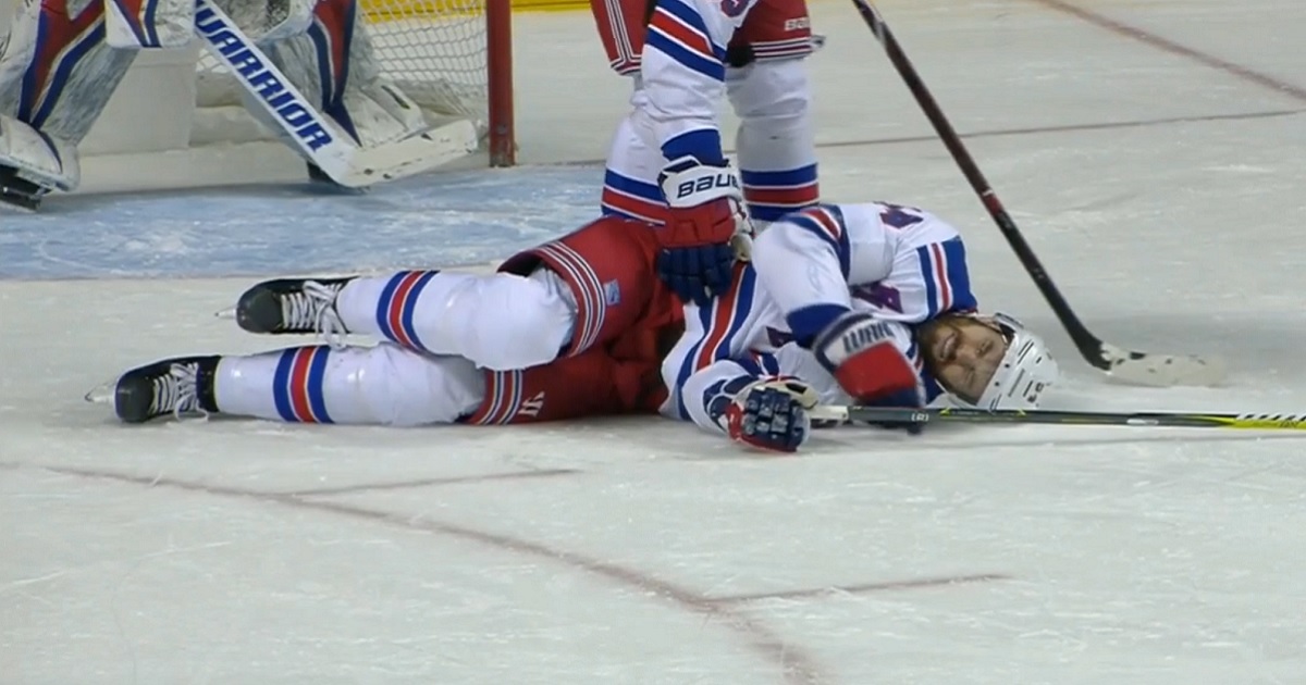 Adam McQuaid in agony after taking a shot off the knee.