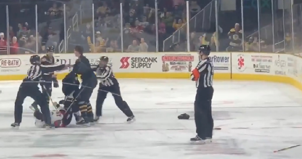 Bruins first round pick Trent Frederic hammers his opponent with huge shots before dropping him to the ice.