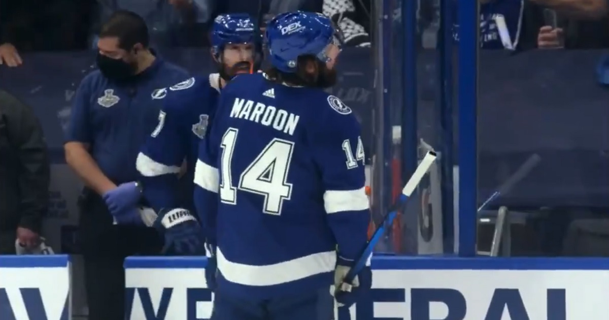 Cameras catch Pat Maroon roasting Josh Anderson on the bench.