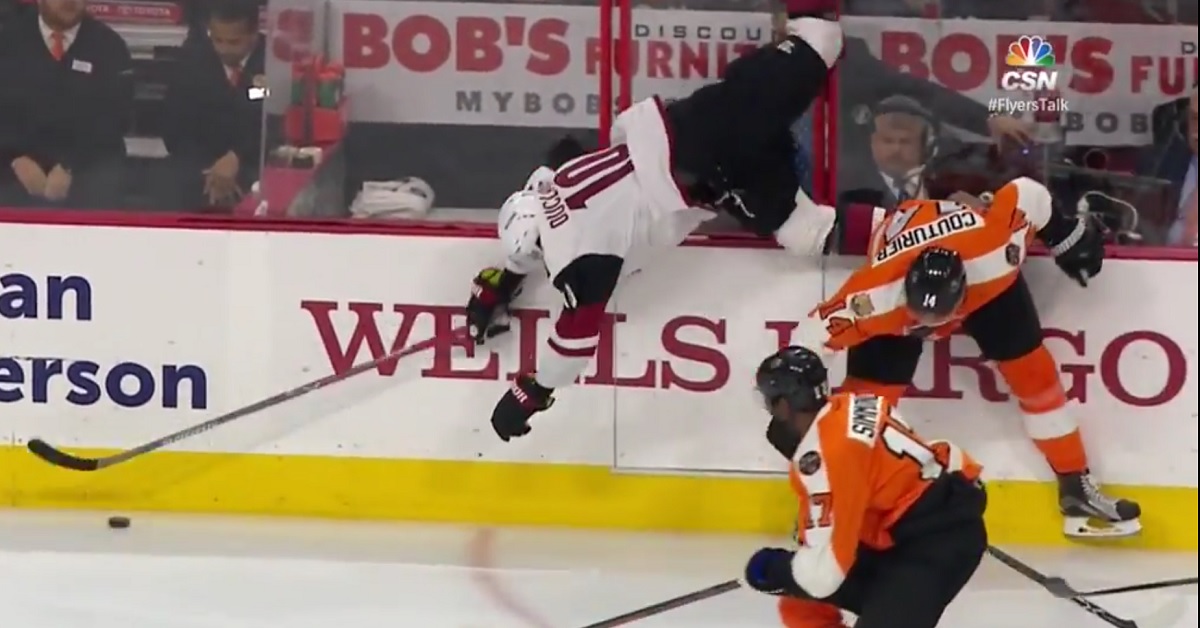 Monster hip check sends Duclair flying through the air on Thursday night!