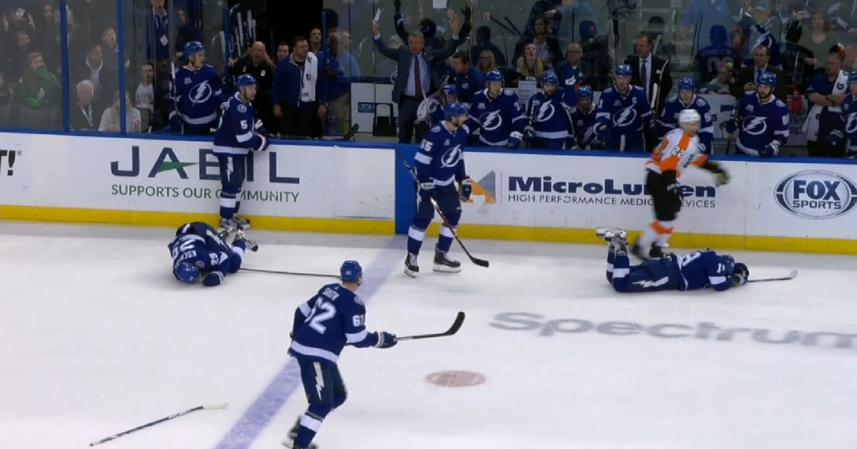 Weise clothlines two lightning players at the same time, takes a hilarious penalty. 