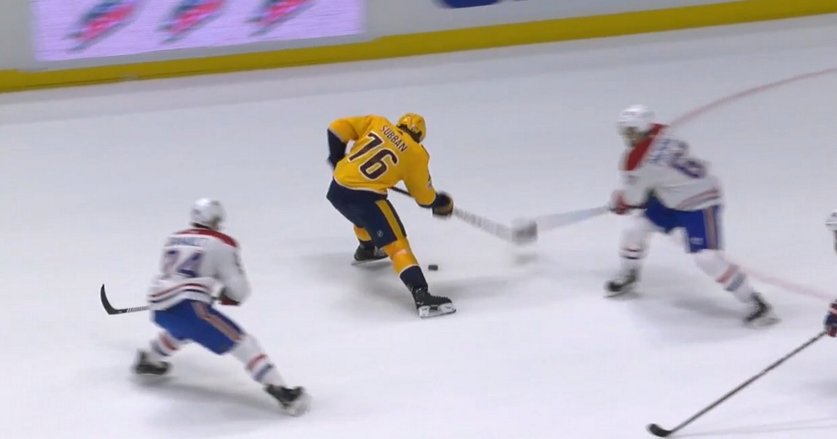 Subban dangles around his former captain to set up a buzzer beater.