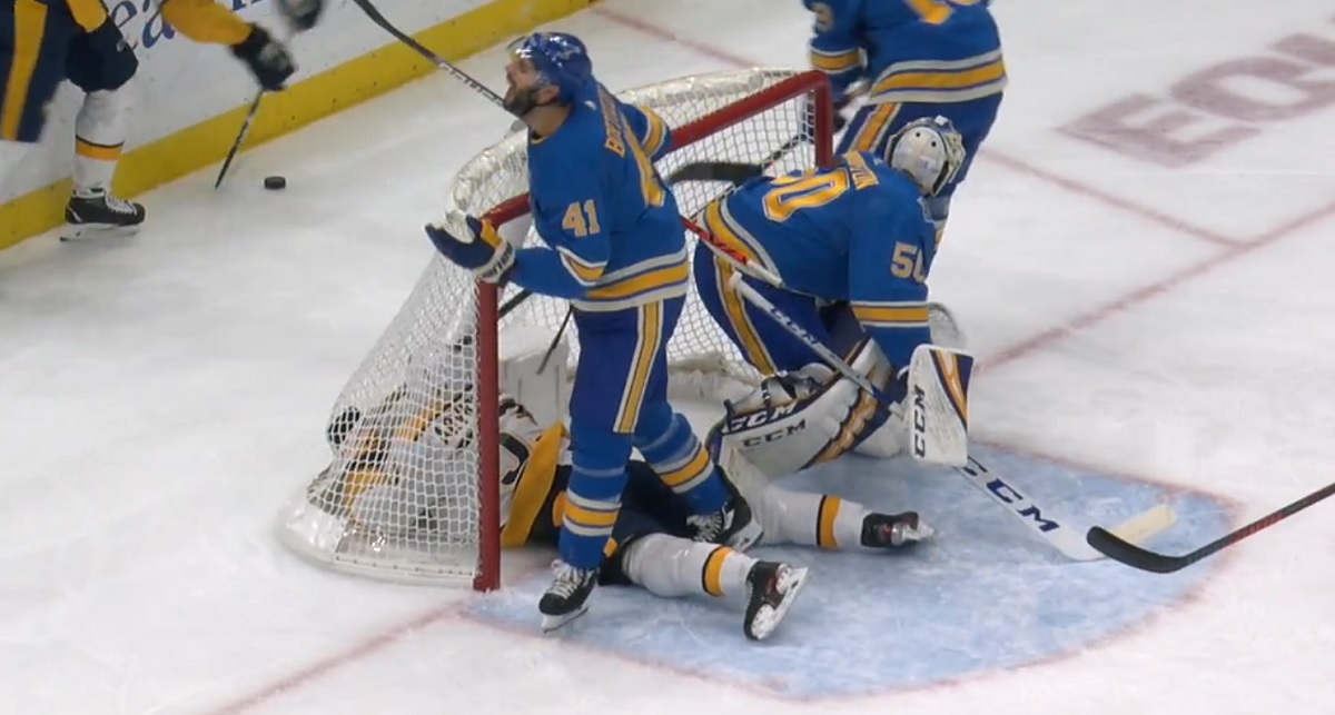 Vicious attack from Robert Bortuzzo takes Viktor Arvidsson out of the game.