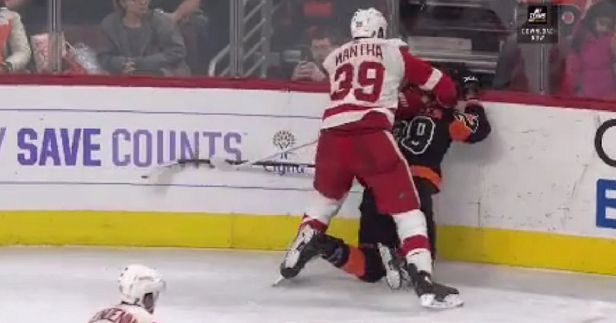 Mantha drills Giroux's head into the boards during Saturday's match up.