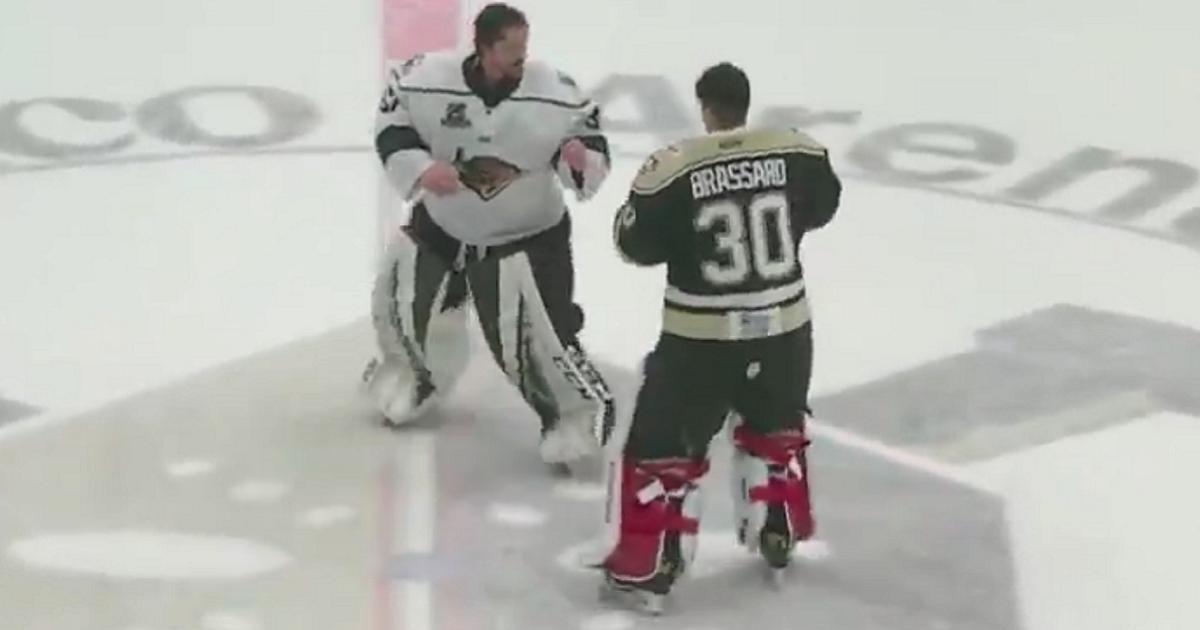 Goalie fight breaks out at center ice after a crazy brawl in the ECHL!
