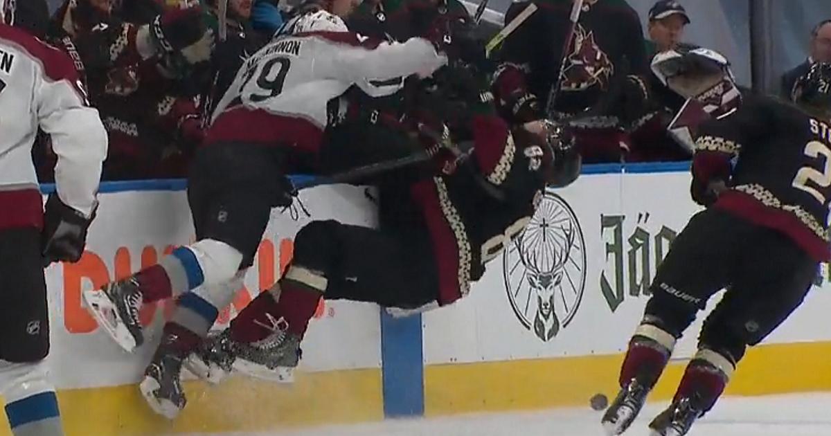 Nathan MacKinnon flattens Jordan Oesterle with a reverse hit.