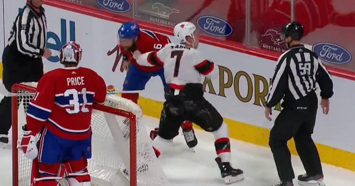 Brady Tkachuk and Shea Weber drop the gloves at the end of the first!