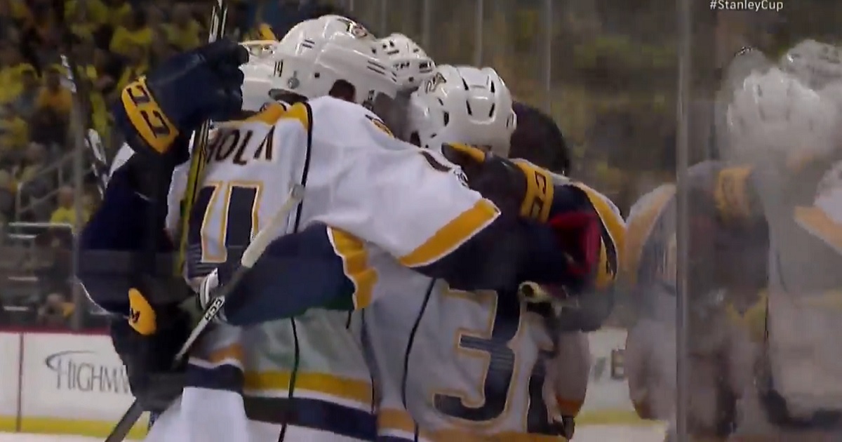 Predators shock the Penguins with three unanswered goals to tie the game.