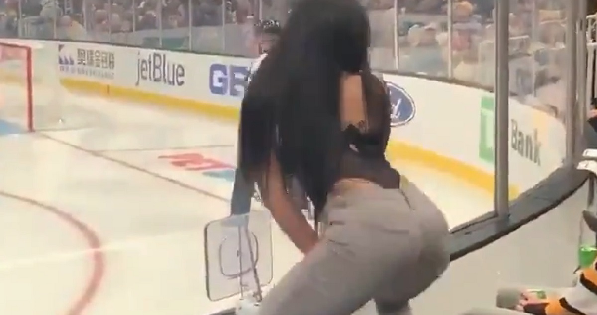 Woman twerks on the glass at TD Garden in the middle of an NHL game.