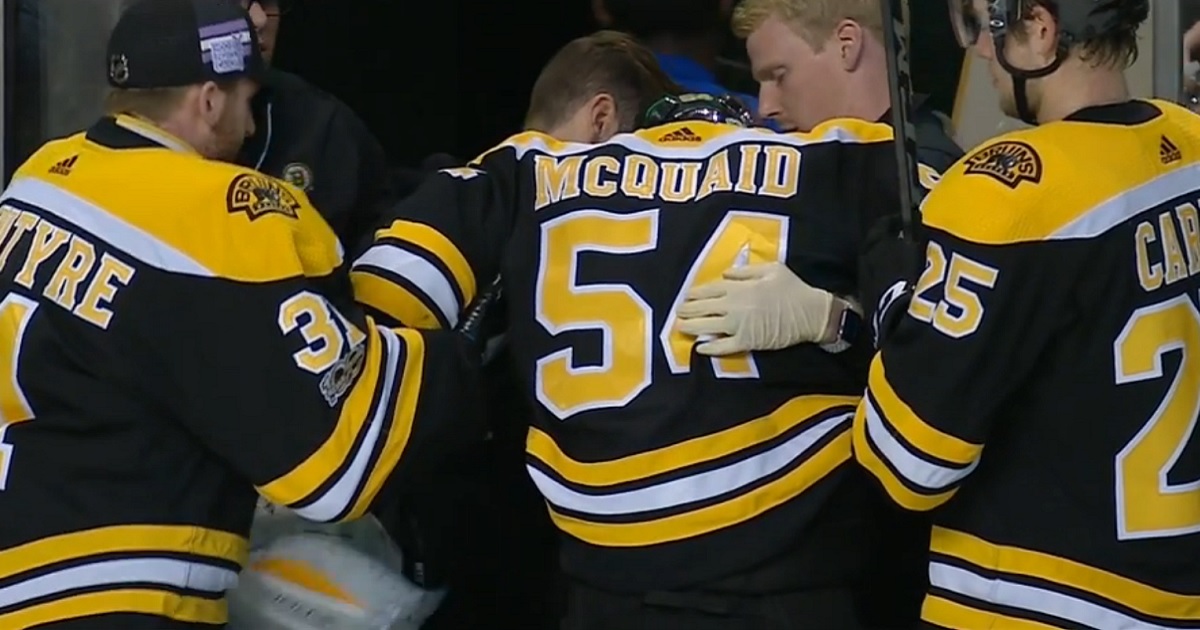 Video shows how Bruins Adam McQuaid broke his leg on Thursday night.