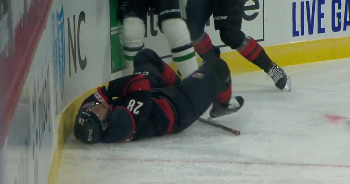 Blake Comeau crushes Max McCormick and sends him to the locker room.