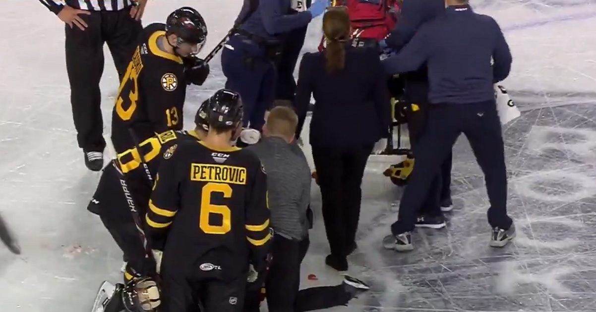 Brendan Gaunce leaves the game on a stretcher after ugly hit from Michael McCarron.