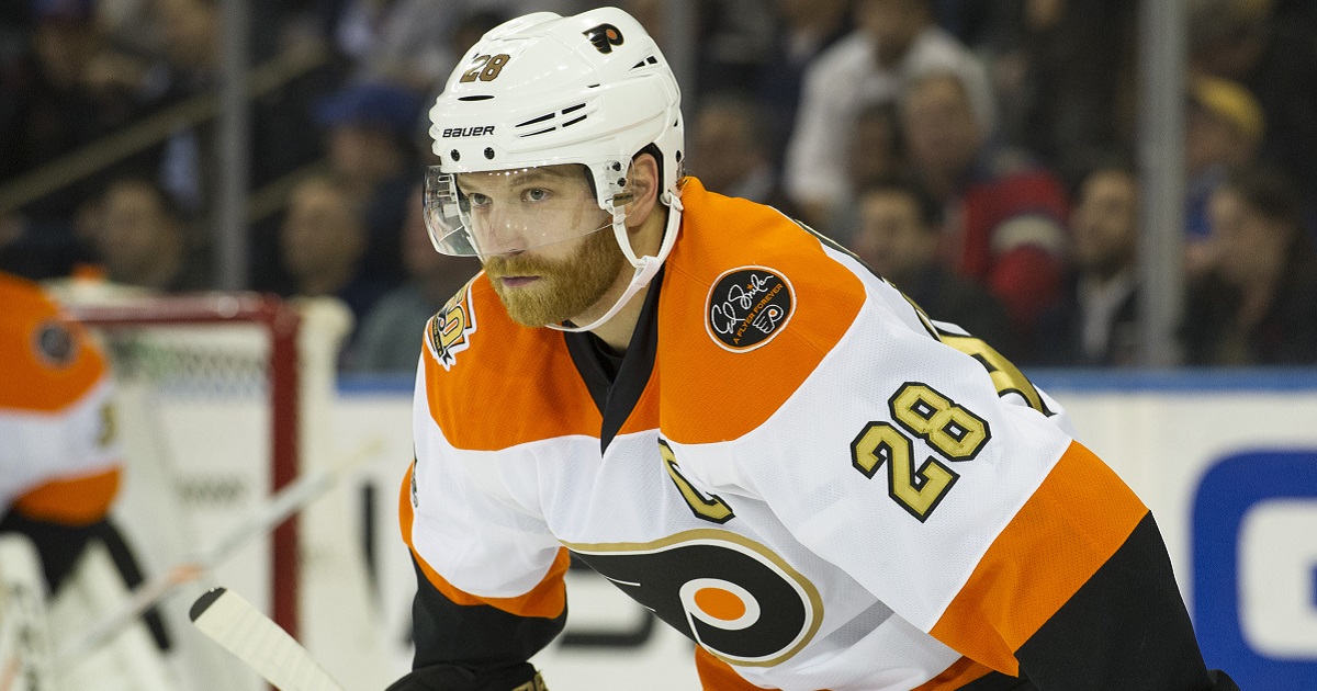 Philadelphia Flyers winger Claude Giroux scores the first of the season.