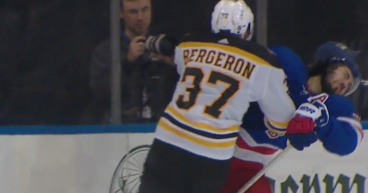 Huge hit from Patrice Bergeron knocks Mika Zibanejad out of the game.