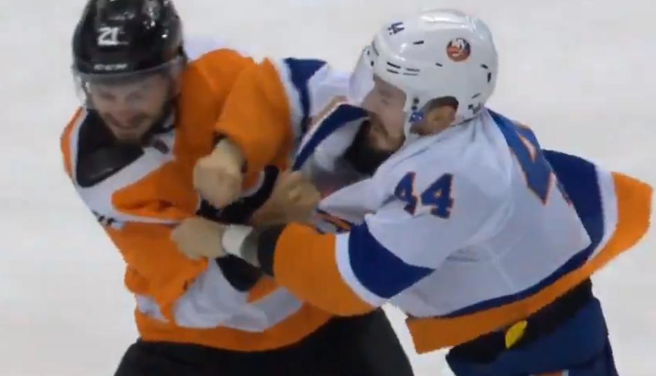 Jean-Gabriel Pageau and Scott Laughton drop the gloves in Game 7.