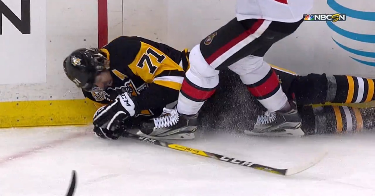 Breaking: Malkin sent crashing into the boards with a big hip check in Game 7!