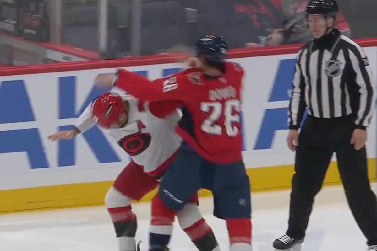 Jordan Martinook and Nic Dowd fighting.
